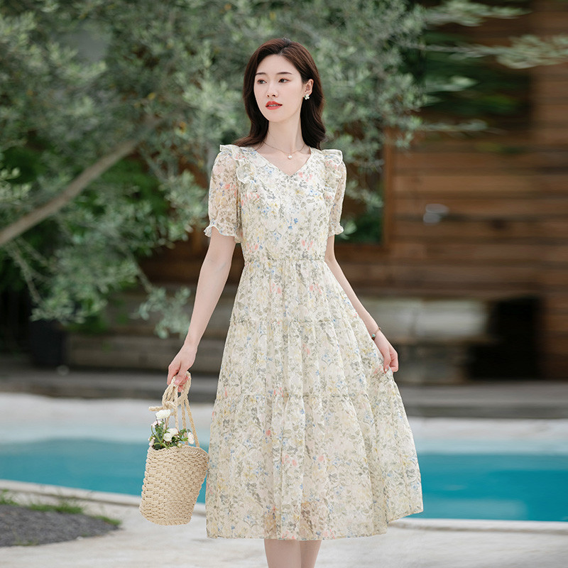 纻衣文艺V领雪纺女收腰显瘦2025年新款高级感淑女