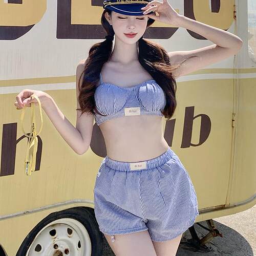 2025新款泳衣女分体三件套条纹显瘦遮肚保守泡温泉度假女士游泳装