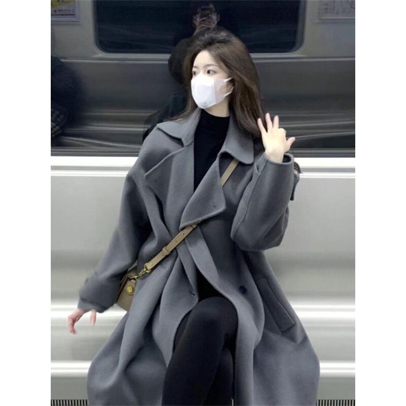 高级感灰色呢子大衣女毛呢秋冬韩系小个子2024新款宽松赫本风