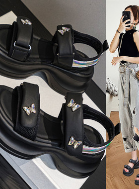 黑色厚底凉鞋女夏季2025新款外穿时尚魔术贴松糕软底增高凉拖女鞋