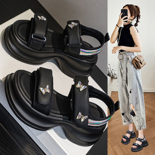 黑色厚底凉鞋女夏季2025新款外穿时尚魔术贴松糕软底增高凉拖女鞋