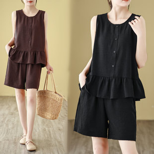 欧货慵懒风宽松套装女夏季亚麻无袖薄款马甲阔腿两件套潮