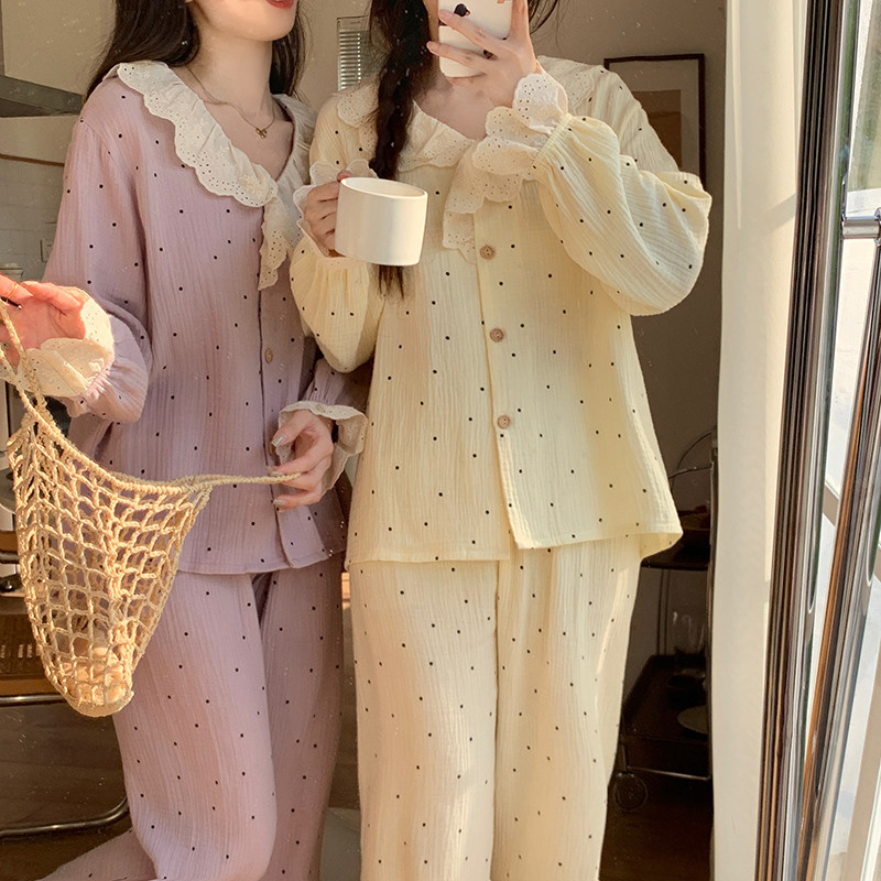 双层纯棉纱布公主睡衣女春秋长袖网红甜美可爱蕾丝大码开衫家居服