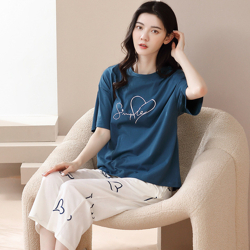 夏季纯棉睡衣女士短袖七分裤套装简约休闲运动青年家居服可外穿