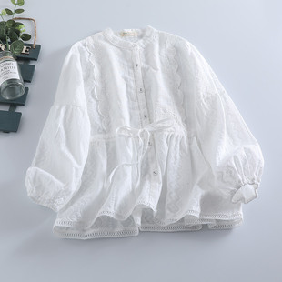 森系清新收腰系带蕾丝刺绣拼接棉质白色衬衫女宽松减龄娃娃衫