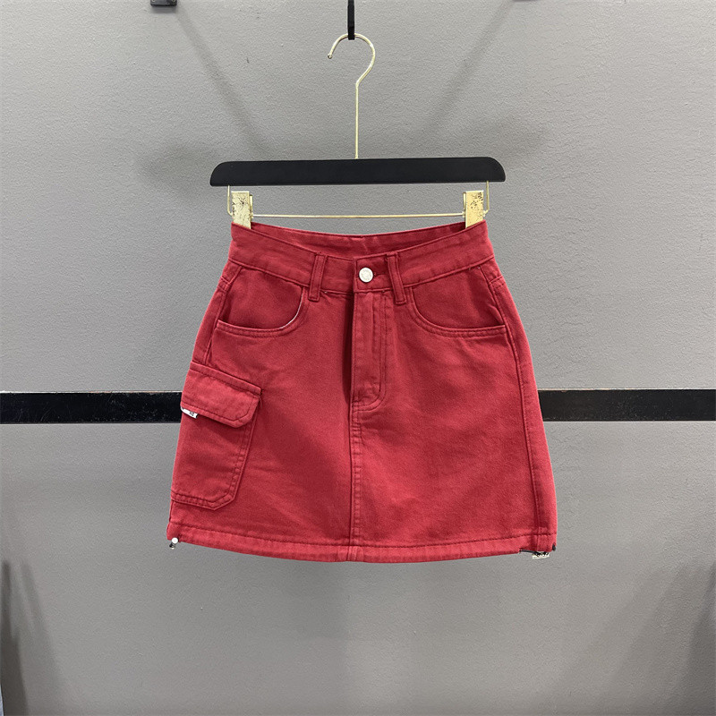 洋气红色工装牛仔女2025夏季显瘦抽绳辣妹A字包臀