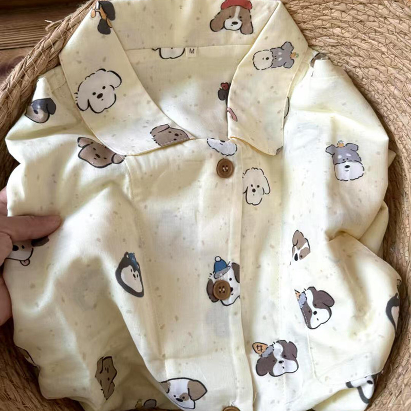 侘町2025年新款狗狗脑袋纯棉长袖睡衣女春秋款条纹居服套装春季
