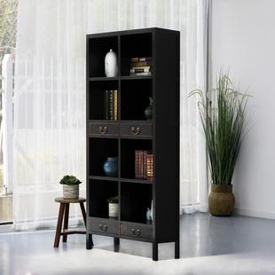 新中式落地博古架书架置物架创意储物书柜实木复古做旧书橱展示架