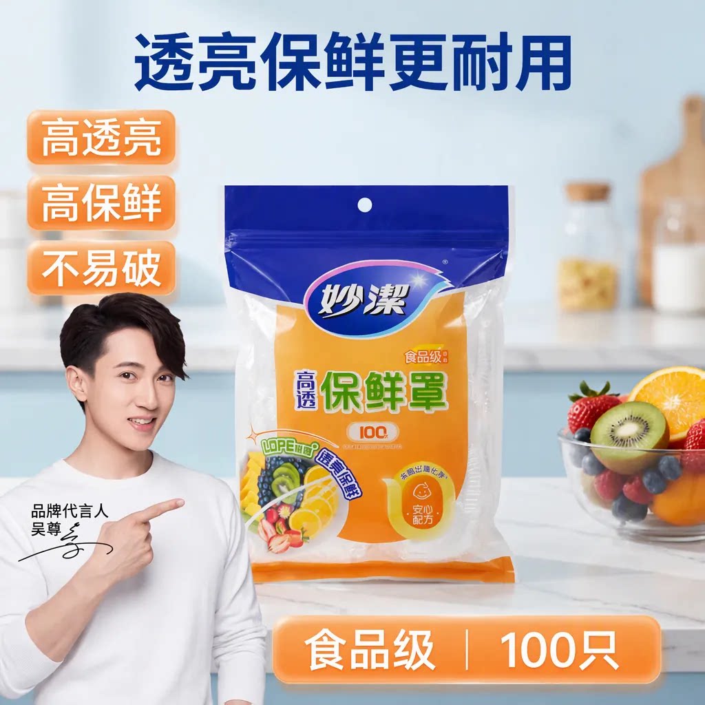 妙洁保鲜膜套食品级100只袋装高透亮家用不易破高保鲜透明耐用