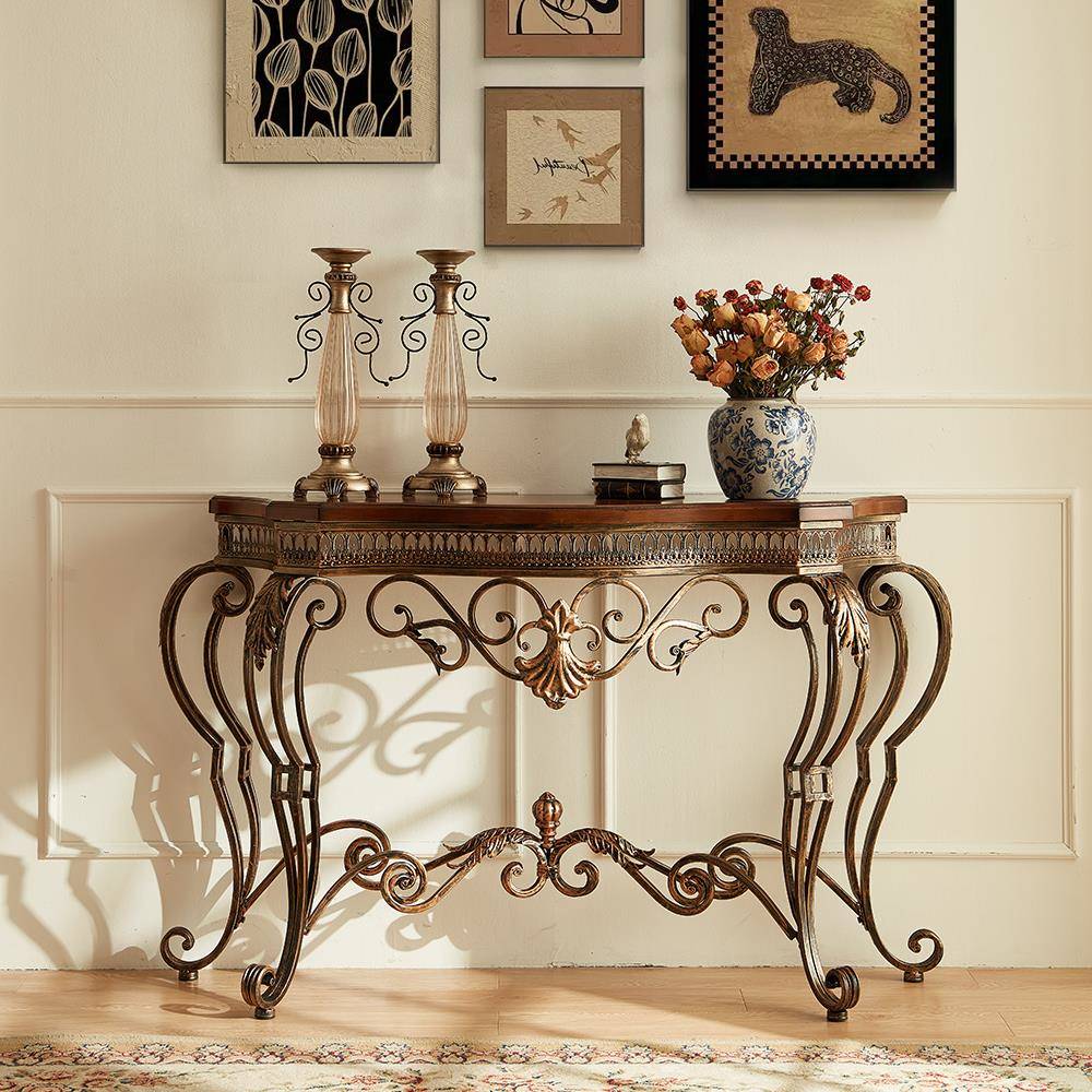 美式复古入户玄关桌门厅铁艺置物桌欧式实木小条案艺术半圆玄关台