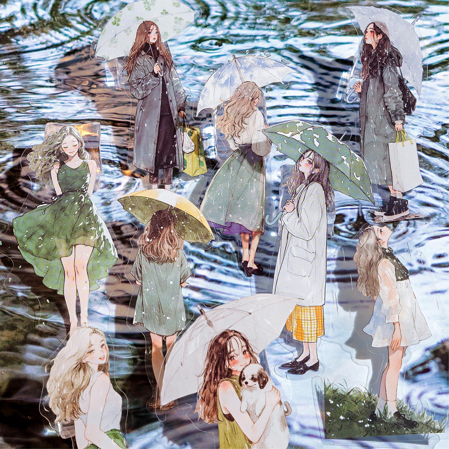 陌墨PET贴纸雨声序曲都市休闲人物少女手帐装饰素材贴6款造景贴画