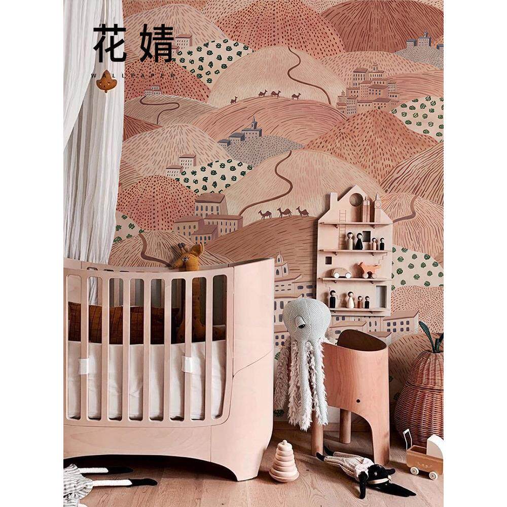 手绘童山儿童房墙布定制壁画北欧风格小镇卧室床头背景墙创意壁纸
