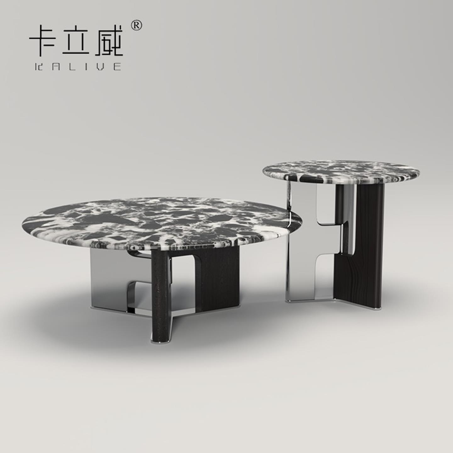 中古侘寂风意式极简小户型大理石茶几组合圆形沙发边几不锈钢茶桌