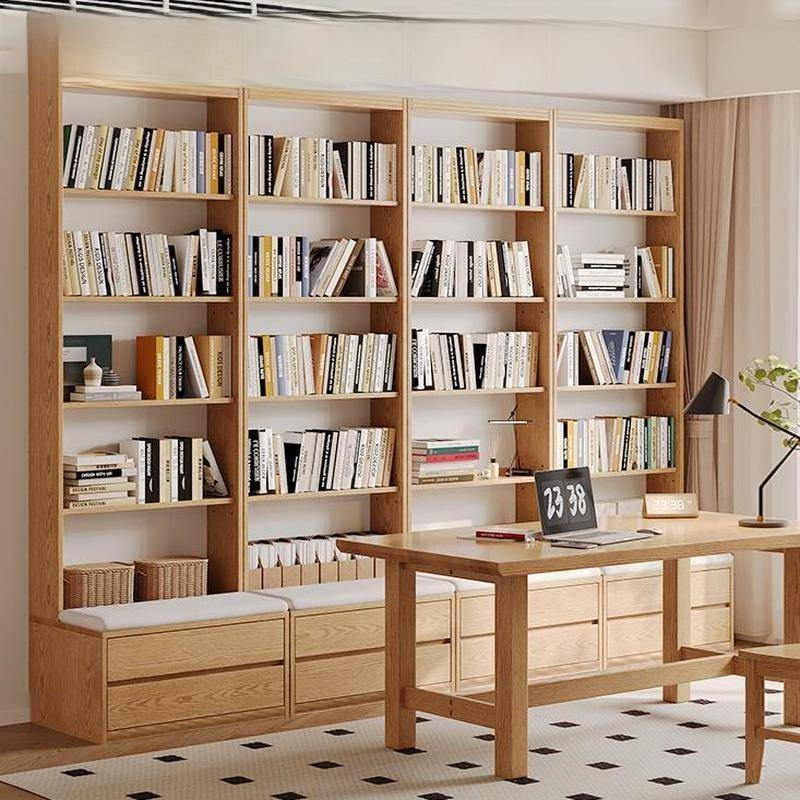 橡木原木色去客厅满墙展示柜组合书架全实木卡座书柜一体整墙到顶