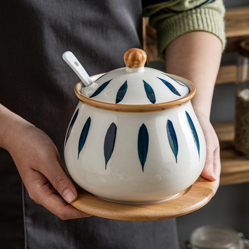 厨房盐罐大容量500克陶瓷猪油罐耐高温家用放1包400克大号调味罐