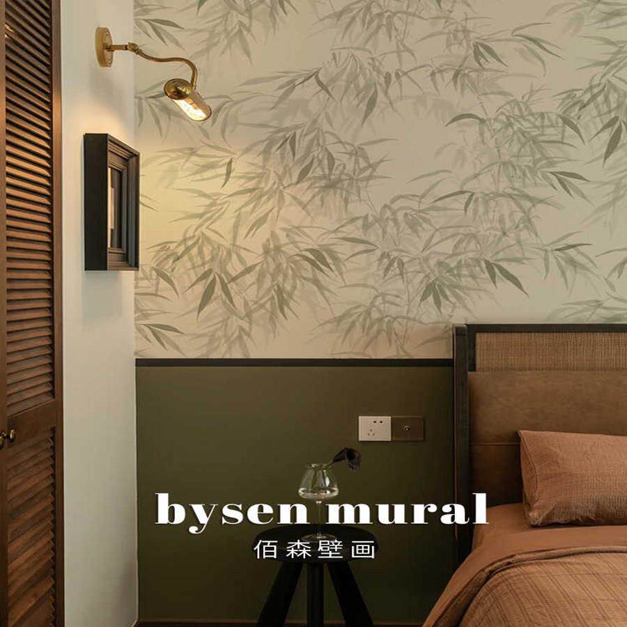 中古国风竹叶拼色无缝墙布卧室背景墙壁纸民宿酒店棋牌室定制壁画