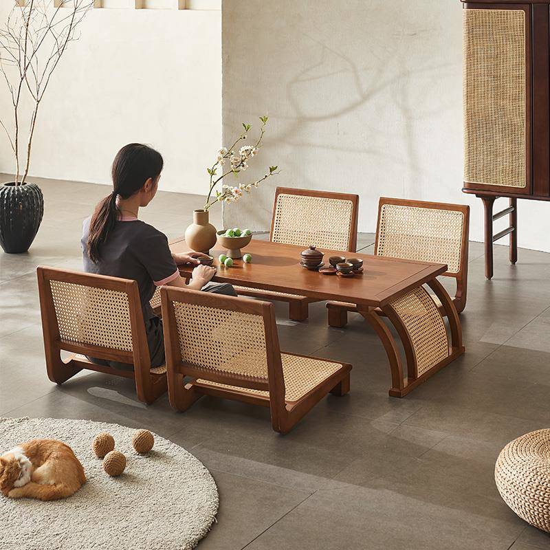 日式小桌子实木藤编茶室榻榻米桌椅组合中式禅意茶台阳台矮茶桌椅