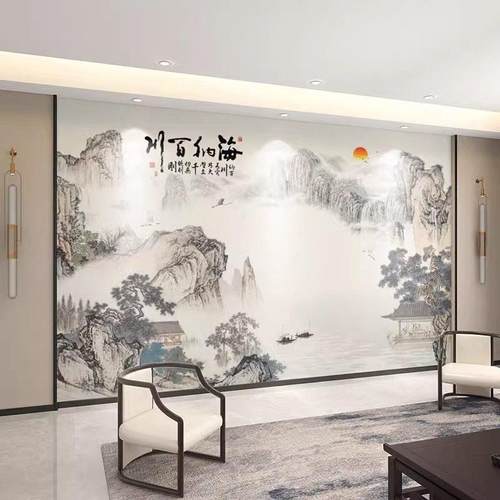 新中式山水电视墙沙发背景墙竹木纤维木饰面护墙板集成墙板可定制