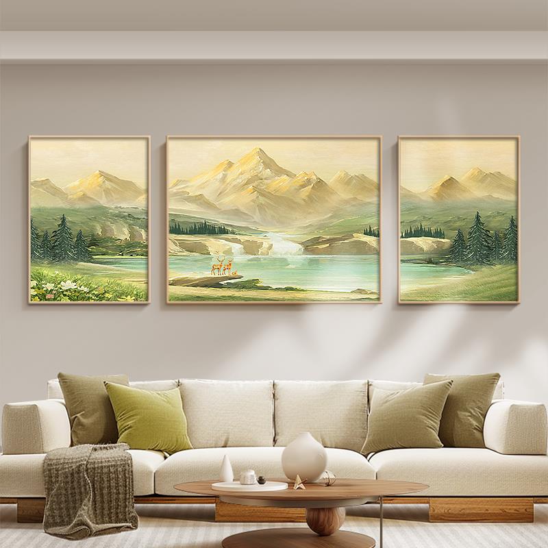 日照金山客厅山水画聚宝盆装饰画沙发背景墙原木风挂画大气三联画