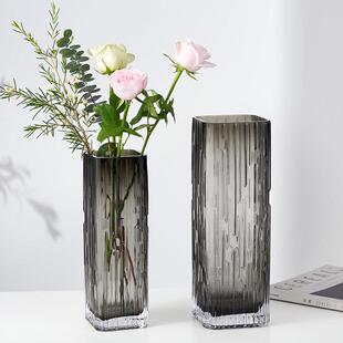 苏渠轻奢方口玻璃花瓶高档客厅样板间酒店插花装饰器皿摆件工艺品