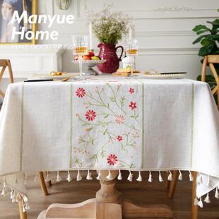 蔓越家 法式复古ins桌布棉麻绣花流苏餐长桌布台布茶几文艺