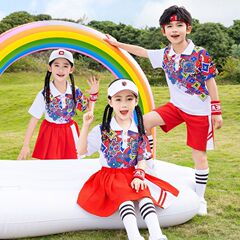 儿童小学生校服春秋三件套装夏季短袖中国红色运动班服幼儿园园服