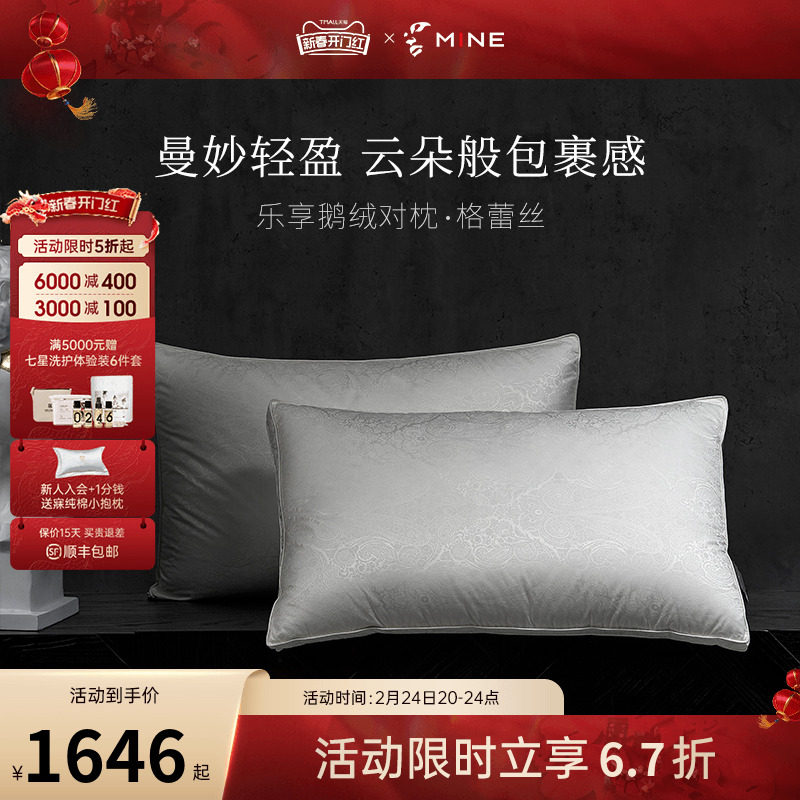 寐%白鹅绒提面料蓬松柔软枕羽绒枕一对格蕾丝