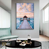 竖数字油画现代客厅玄关卧室风景油彩装 空间感 饰画大海