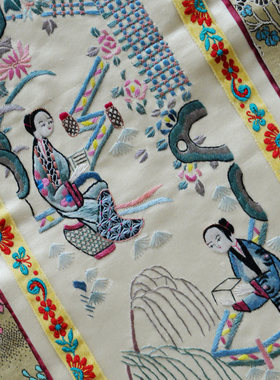 手工刺绣垫子老绣片真丝饰画物仕女壁画条屏风饰出口礼品