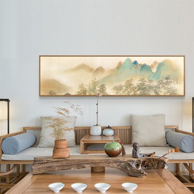 湖山春暖横幅 新床山水挂画艺术画样板房卧室大气饰画