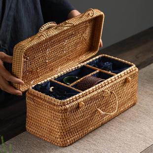 越南纯手工藤编收纳盒家用带盖防尘茶具多格收纳箱便携手提整理筐