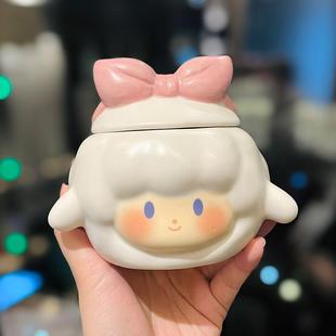 可爱卡通萌羊陶瓷喝水杯子带盖情侣软fufu马克杯早餐牛奶杯咖啡杯