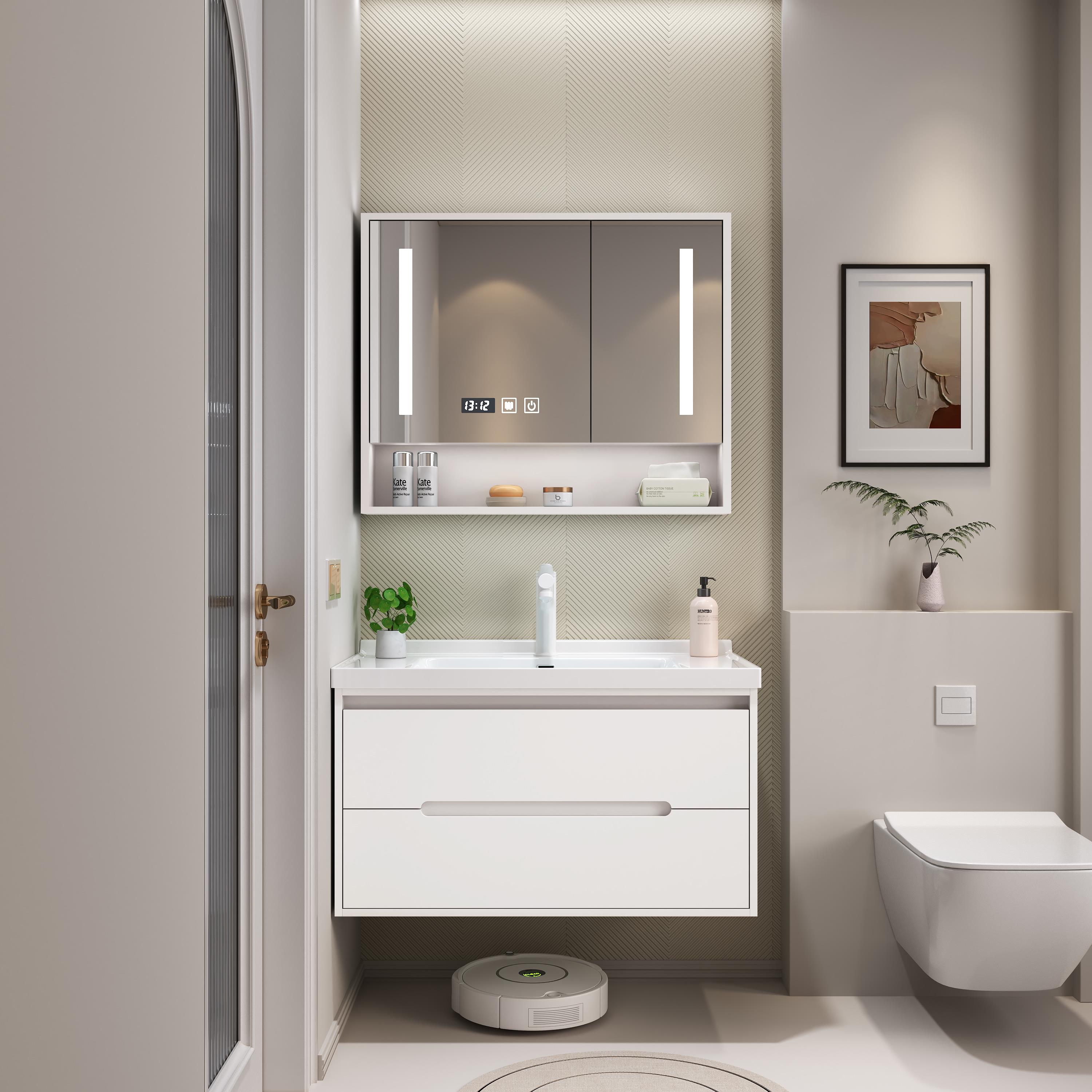 现代简约智能洗手台洗脸盆柜橡木门板挂墙式收纳实木浴室柜卫生间