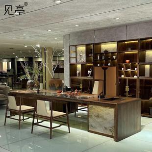 茶桌椅组合实木禅意功夫岩板轻奢家用客厅阳台泡茶台 见亭新中式