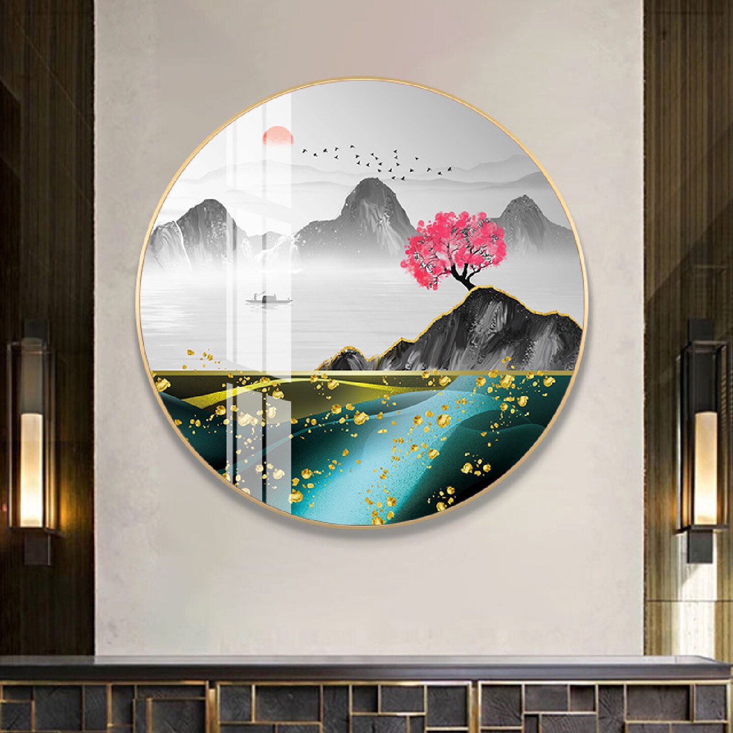 圆形装饰画新中式入户玄关山水画轻奢挂画书房茶室餐厅壁画晶瓷画