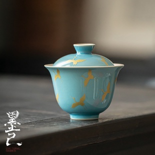 墨己海盐蓝仿古陶瓷盖碗功夫茶具家用泡茶碗烫金仙鹤盖碗茶碗