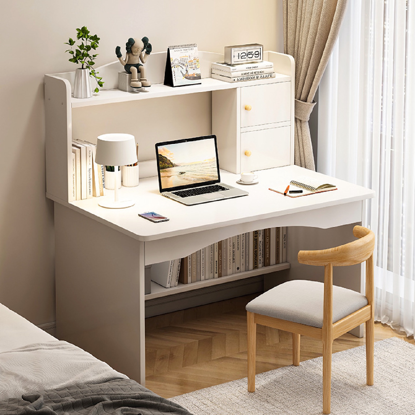 电脑桌台式家用书桌书架一体桌学生学习桌椅组合卧室办公写字桌子