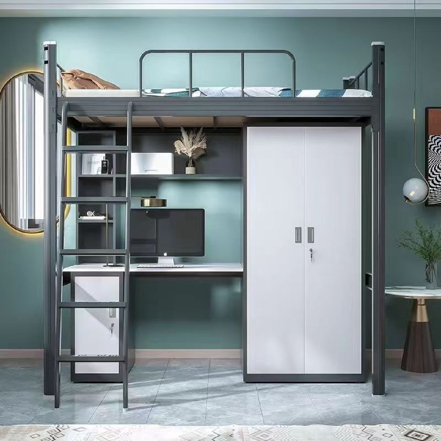 公寓床上床下桌单人床宿舍高架床落地爬梯铁艺架子双层员工寝室床