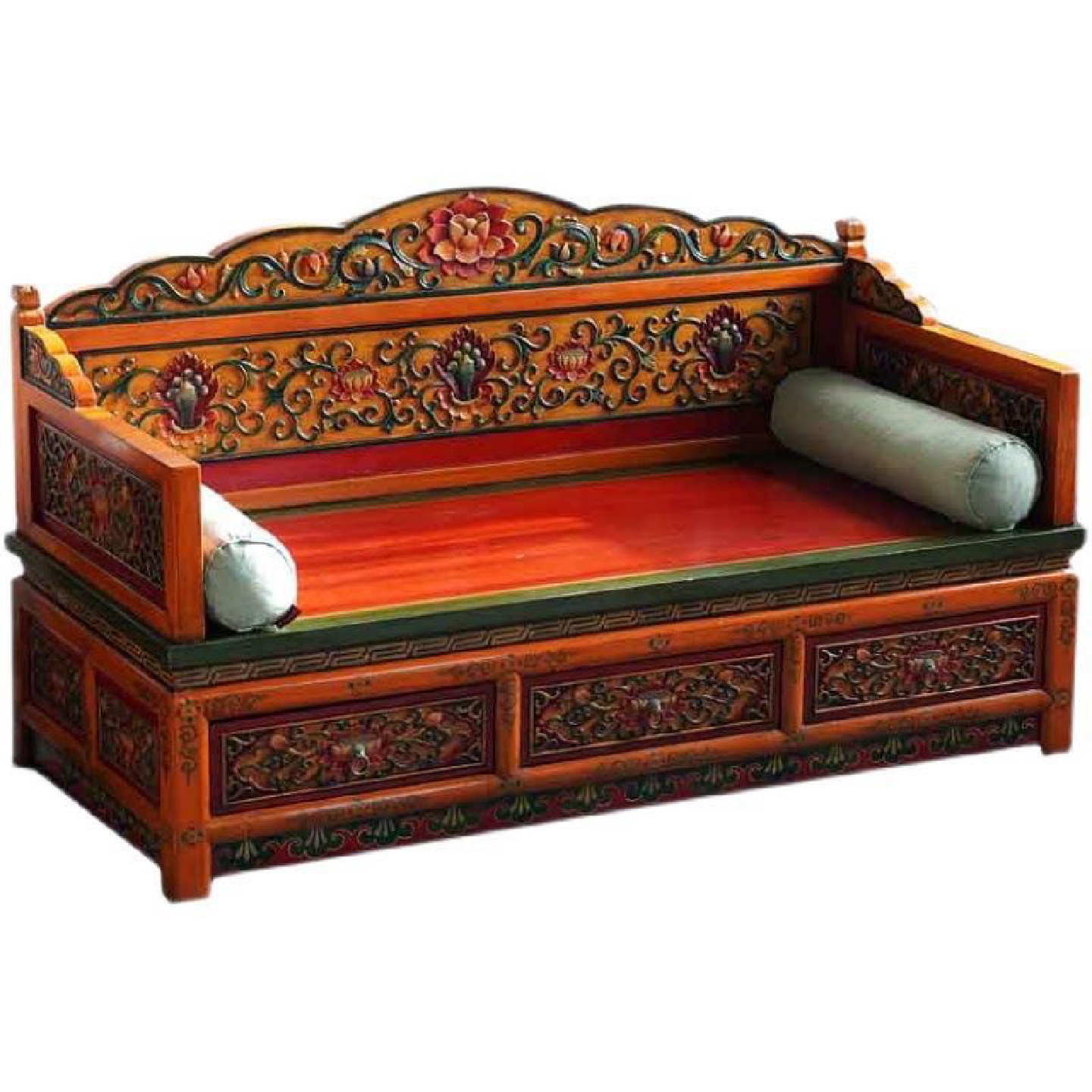 藏式家具实木雕花沙发床藏族彩绘罗汉床民宿客栈家具做旧手绘