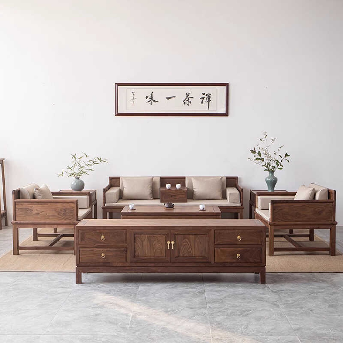 新中式北美黑胡桃木沙发实木禅意家用客厅布艺123组合罗汉床沙发