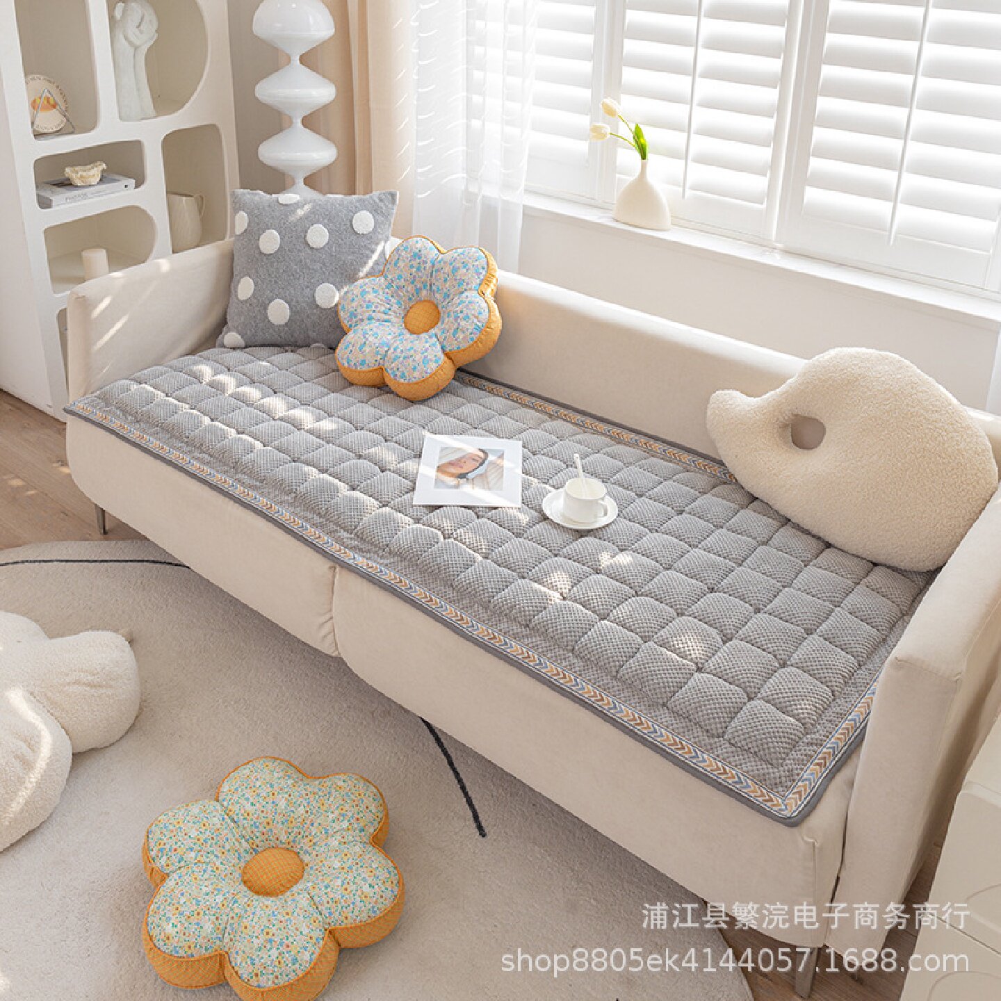 北欧ins风毛绒手工拼接馒头垫沙发垫秋冬款加厚防滑实木坐垫子