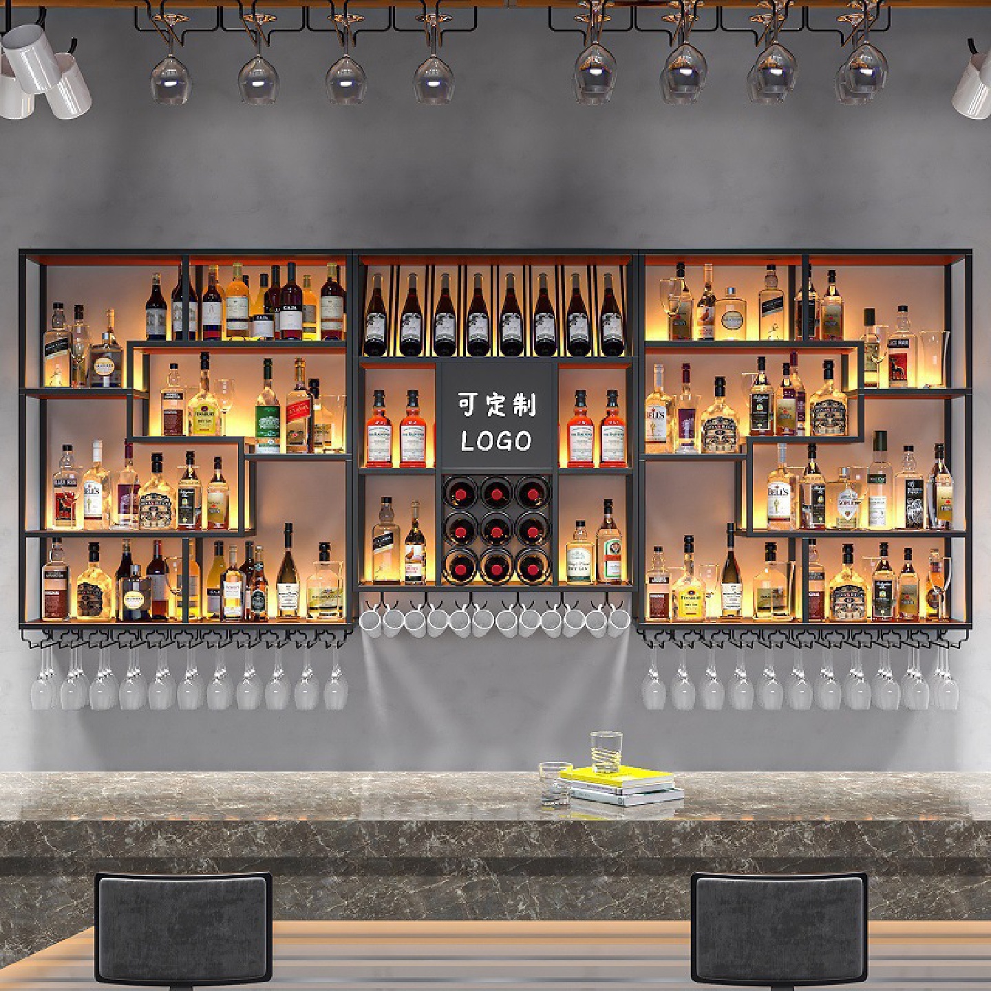 酒吧台复古酒柜壁挂式葡萄酒架清吧展示架轻奢置物架工业风红酒柜