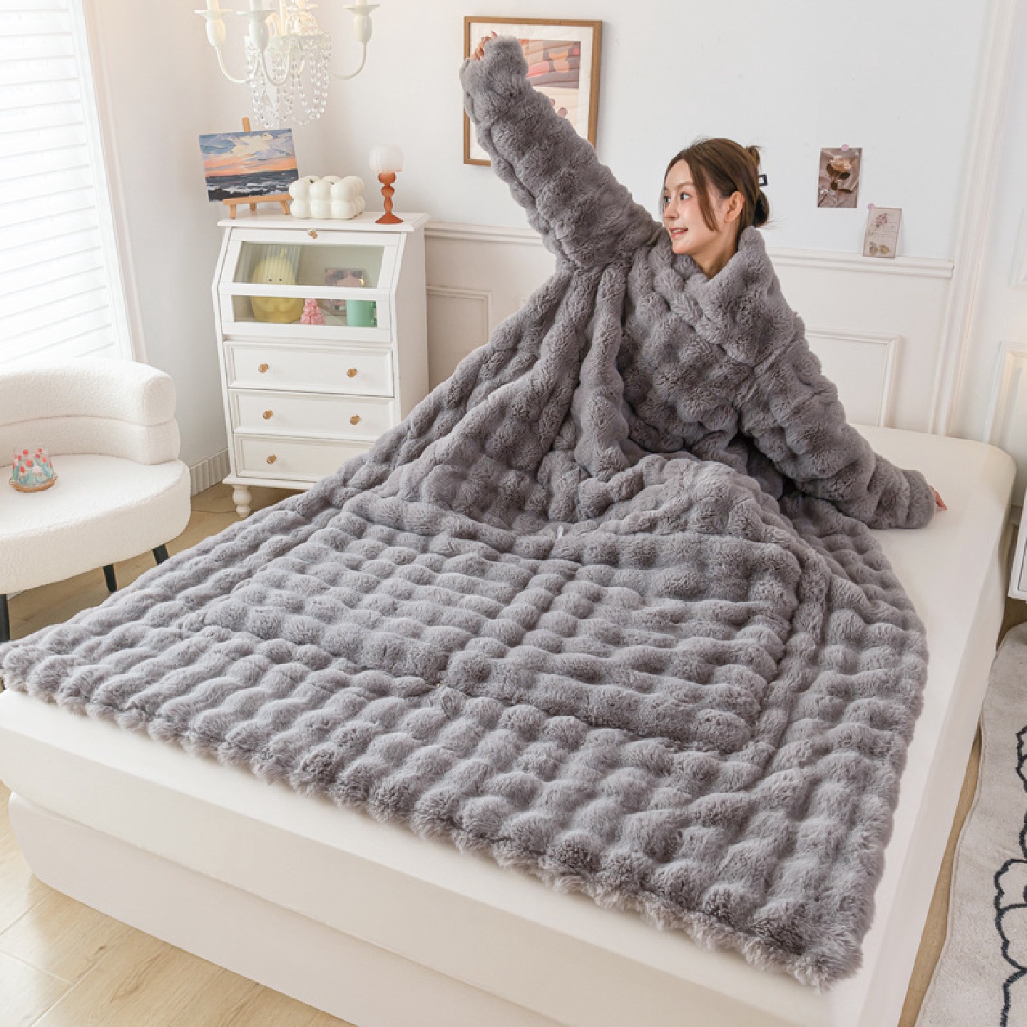 冬天可穿懒人抱枕被带袖子穿在身上的被子仿兔毛绒车载用午睡毛毯