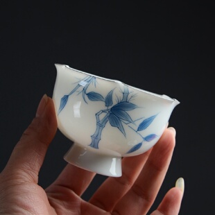 手绘主人杯单杯陶瓷花口杯描银品茗杯高足杯玉白瓷茶杯个人专用
