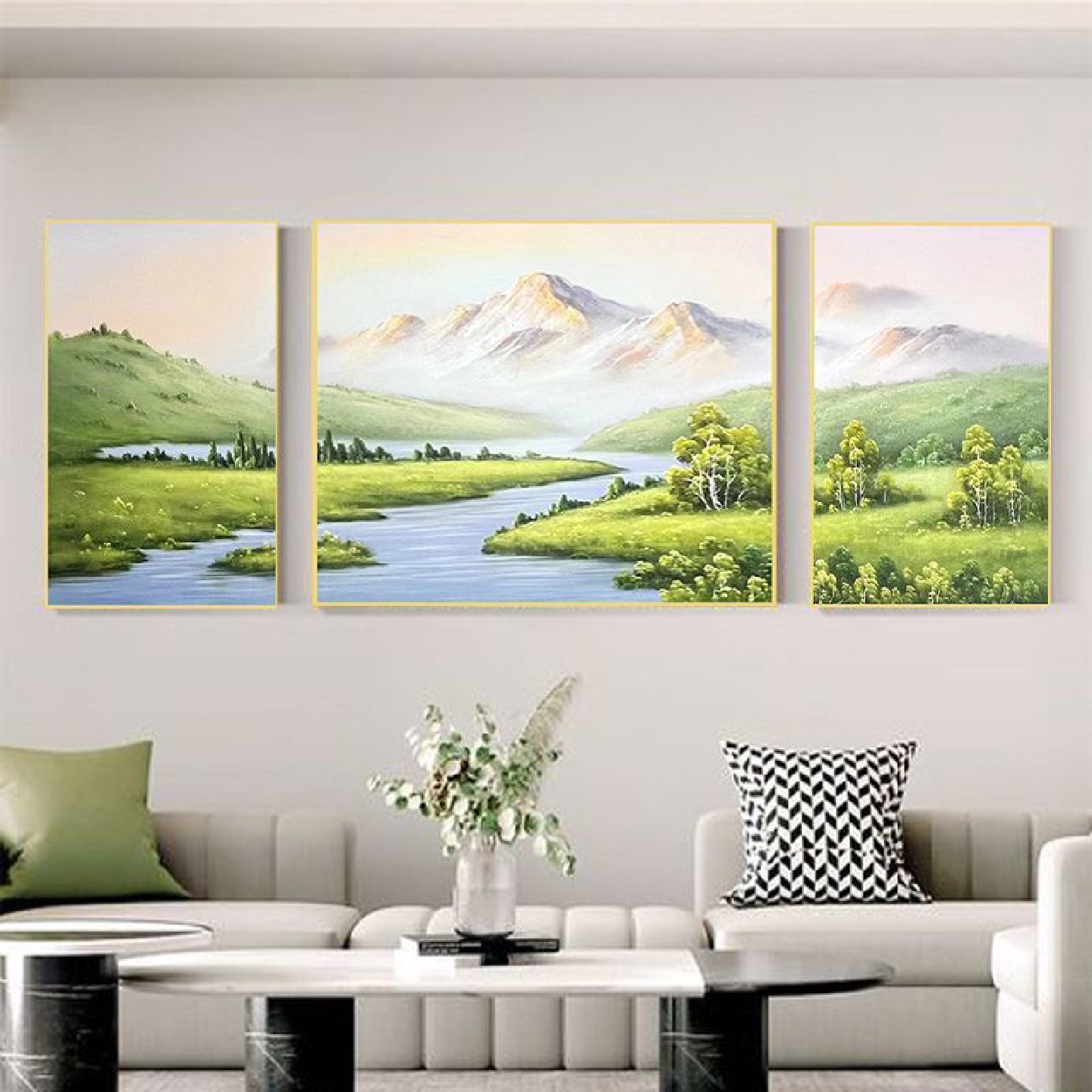 顺丰奶油风日照金山客厅装饰画沙发手绘油画山水高级感风景三联画