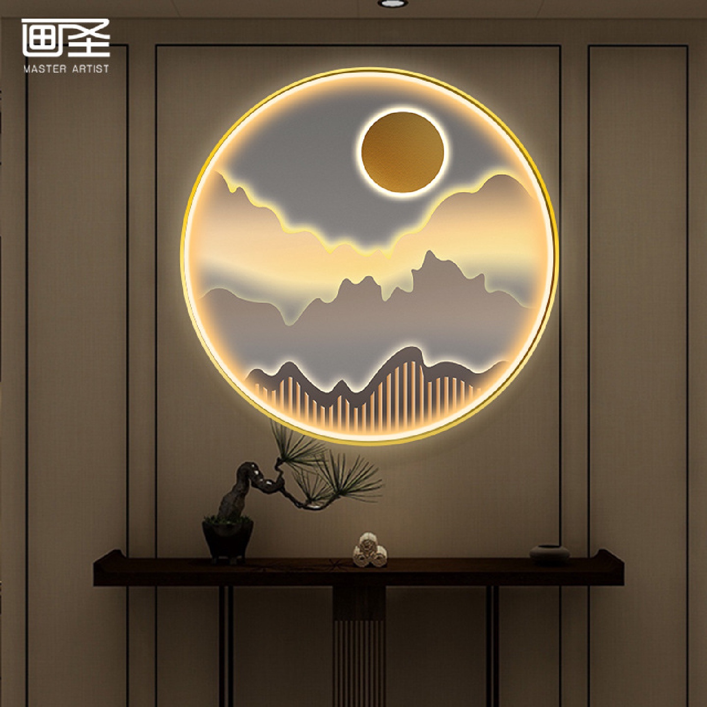 新中式玄关装饰画led灯画走廊过道带灯壁饰高档大气圆形山水挂画