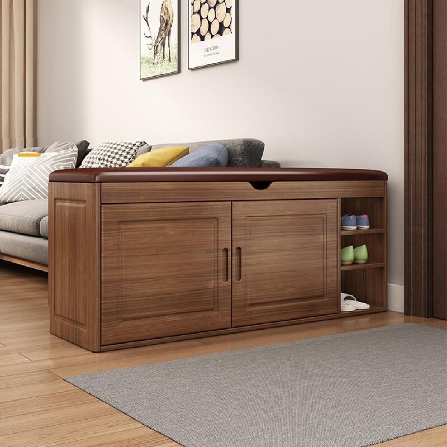 新款实木新中式鞋柜家用门口换鞋凳实木穿鞋凳入门鞋架多层收纳柜