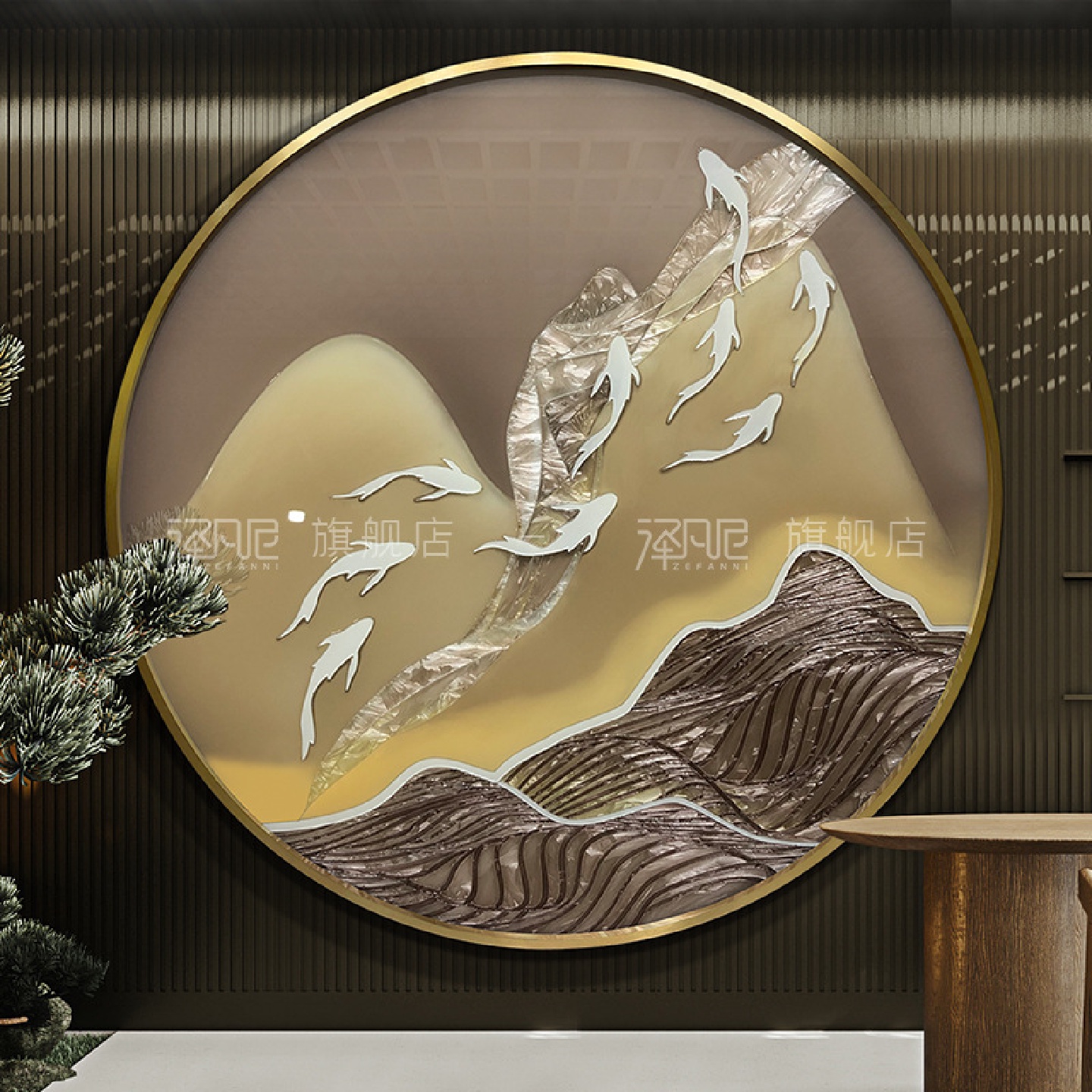 圆形九鱼珐琅彩装饰画轻奢大气玄关过道挂画现代客厅书房高档壁画图片