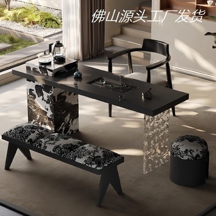 现代阳台茶桌椅组合家用小户型中古风极简高级新款 意式 岩板泡茶台