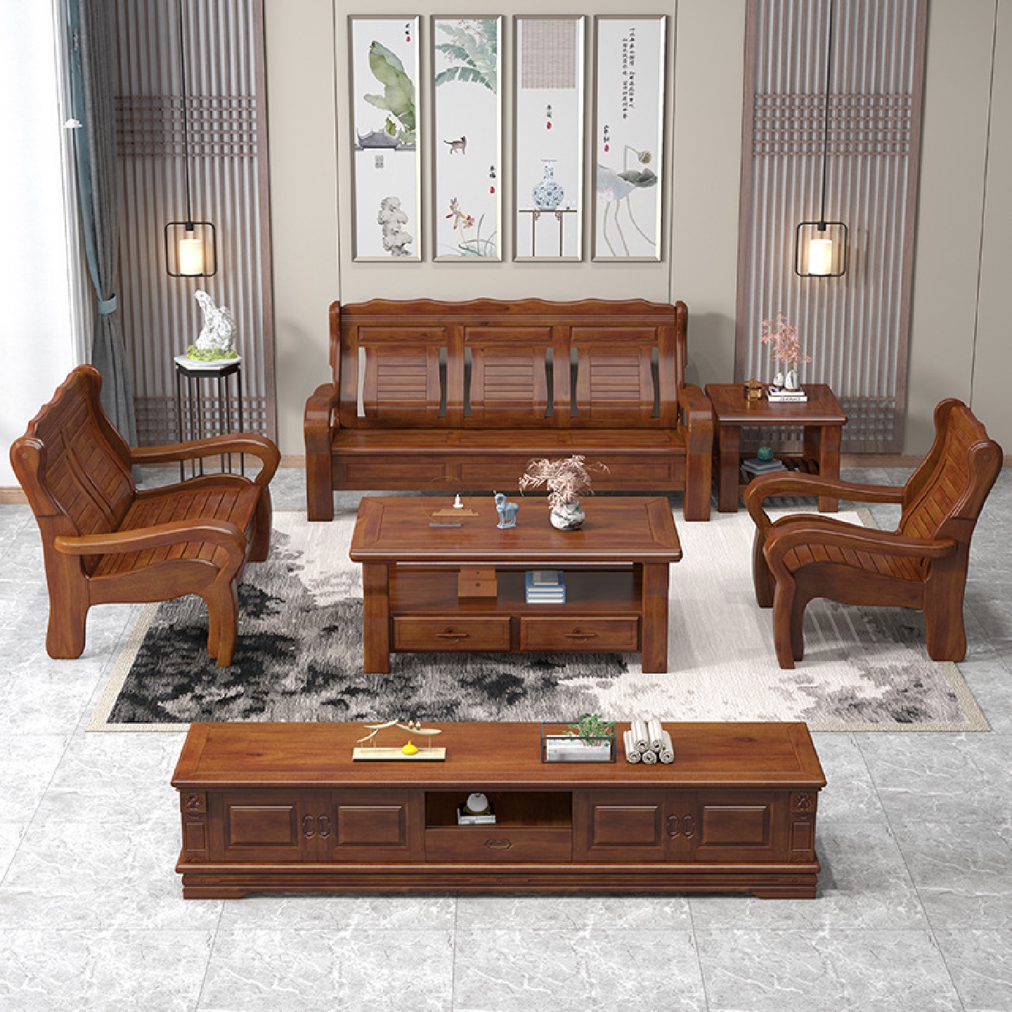 实木沙发客厅家具现代中式香樟木小户型经济木质沙发123组合